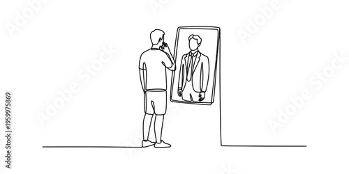 Continuous line drawing of a man in casual clothes looking at himself wearing a suit in a mirror.