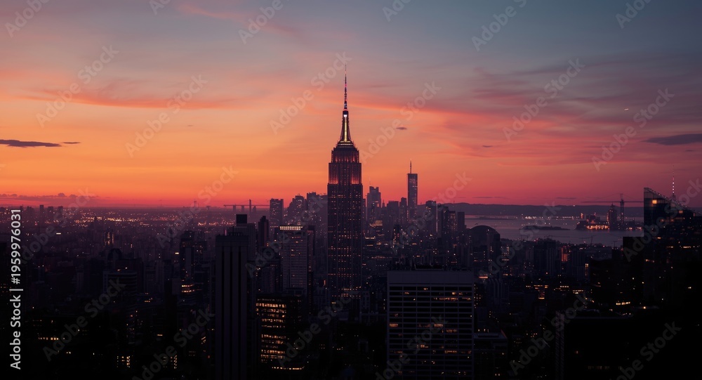 Obraz premium energetic skyline silhouette at dusk with glowing amber and light rose tones
