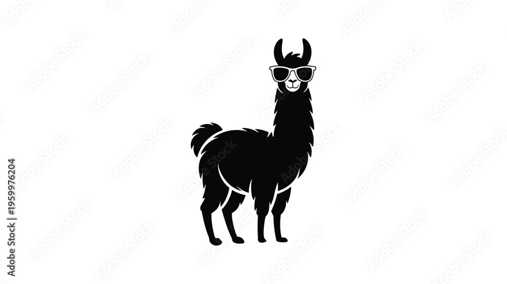 Fototapeta premium Cool llama wearing sunglasses, black silhouette, graphic design.