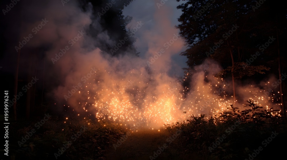 Fototapeta premium Glowing sparks erupt in a dark forest clearing illuminating smoke and foliage at night
