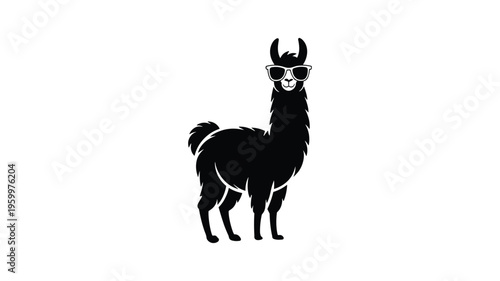 Cool llama wearing sunglasses, black silhouette, graphic design.