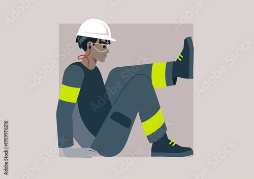Character in a contrast color uniform engages in working process, highlighting the importance of safety gear while navigating challenging environments such as confined spaces