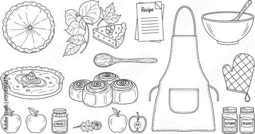 Baking and Kitchen Tools Icon Set Featuring Aprons, Recipes, Pies, Apples, and Baking Utensils for Cooking and Recipe Designs