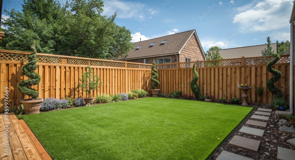 Obraz premium Environmentally sustainable wooden fence around a deck with a verdant green lawn and artistic garden features under sunny skies