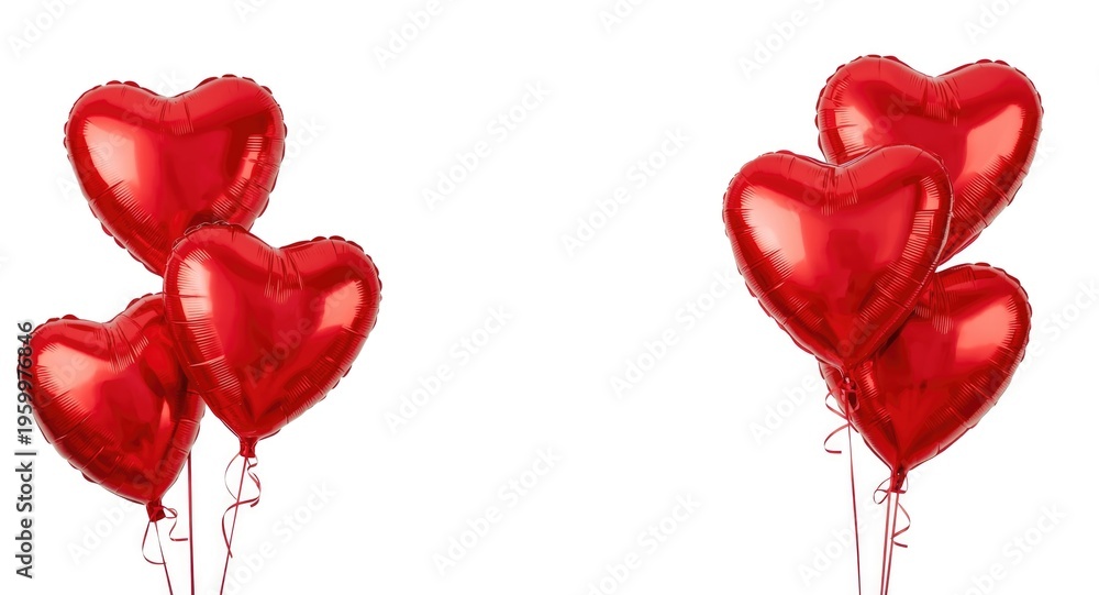 Obraz premium Shiny red heart balloons floating in front of a white background with banner layout