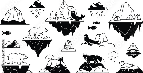 Arctic Animals and Iceberg Icon Set Featuring Polar Bears, Seals, Foxes, Owls, and Fish for Wildlife and Nature Designs