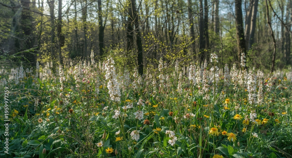 Naklejka premium Radiant spring woodland with blossoming wildflowers and thick greenery