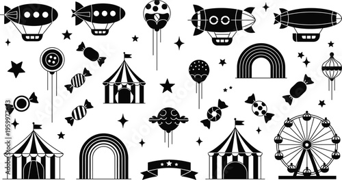 Carnival and Amusement Park Icon Set Featuring Hot Air Balloons, Ferris Wheel, Lollipops, Tents, and Rainbow Designs