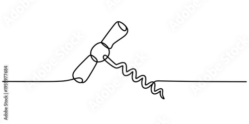Minimalist continuous line drawing of a classic metal wine bottle corkscrew tool on white background Vector, illustration