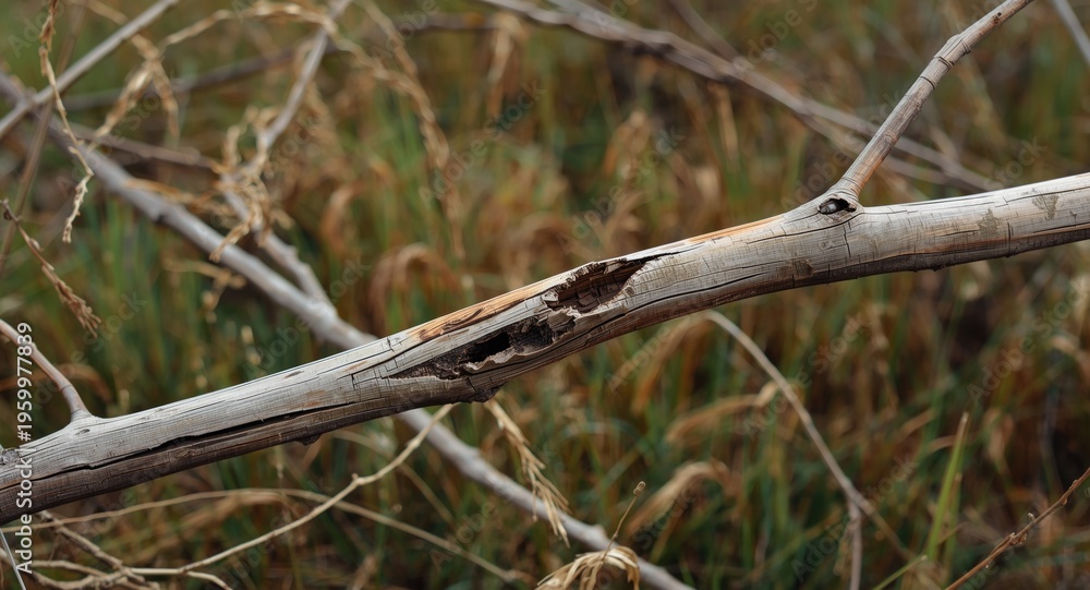 Fototapeta premium Sharp image of a decayed willow branch cracked in wildgrass setting