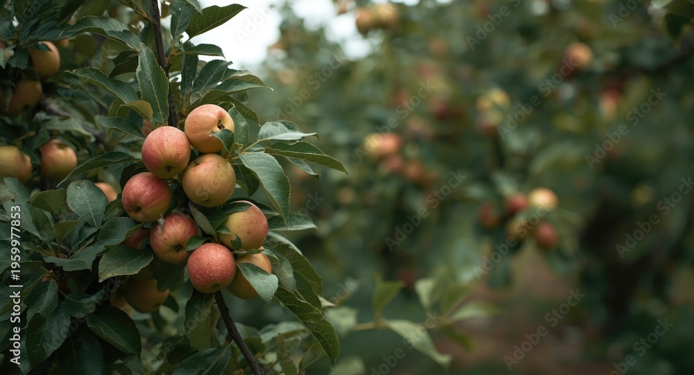 Obraz premium fruit laden tree branches with ripe apples clusters in thriving orchard and copy space