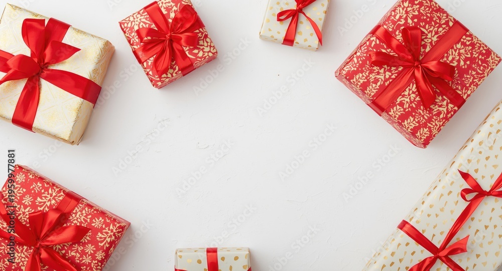 Fototapeta premium Festive wrapped presents with gold and red patterns on clean white background for holiday display