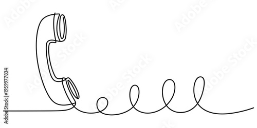 A continuous line drawing of a classic telephone handset with a curly cord on a white background Vector, illustration