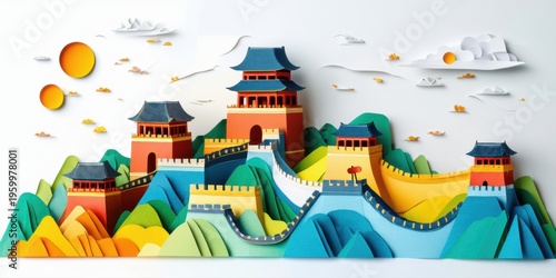 Papercraft depicts Great Wall, towers, mountains, sky. Bright colors create whimsical landscape, serene composition.
