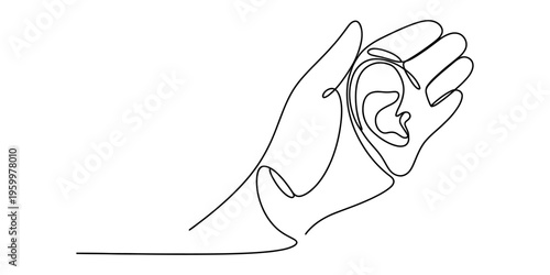 A single continuous line drawing of a human hand cupping an ear to represent listening and hearing Vector, illustration