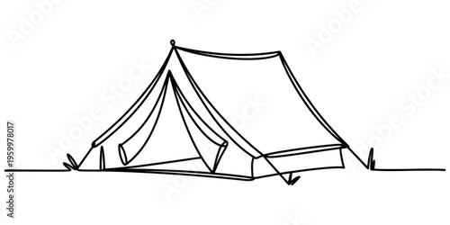 A simple continuous line drawing illustration of a camping tent set up on a grassy ground area Vector, illustration