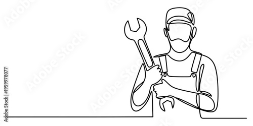 A single continuous line drawing of a professional mechanic holding a large wrench in his hands Vector, illustration