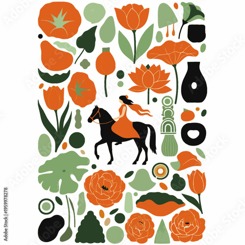 Botanical Folk Composition with Horse Rider in Terracotta and Sage Green, Trendy Earthy Wall Art Poster