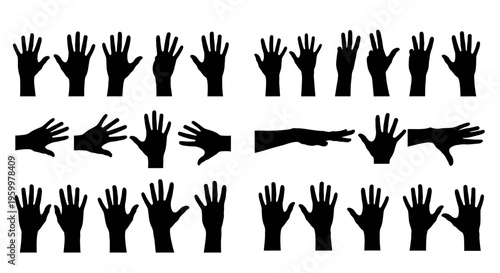 Collection of black hand silhouettes in various gestures on a white background