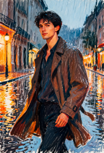 A young Caucasian man with dark hair walks through a rainy street. He wears a brown coat and black shirt. Streetlights reflect on the wet pavement.