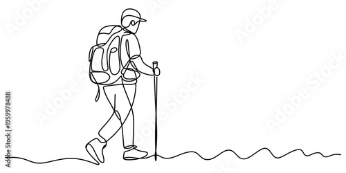 Minimalist continuous line drawing of a backpacker walking with a trekking pole in the mountains Vector, illustration
