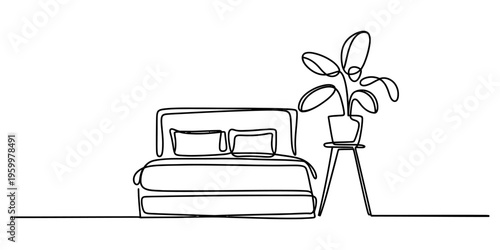 Minimalist continuous line drawing of a comfortable double bed next to a potted houseplant stand Vector, illustration