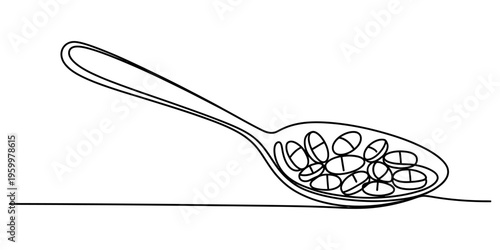 A simple continuous line drawing of a metal spoon filled with many round medical pill tablets Vector, illustration