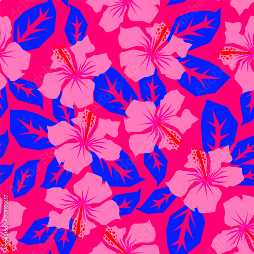 Vibrant Pink Hibiscus and Blue Leaves Brazilian Seamless Pattern