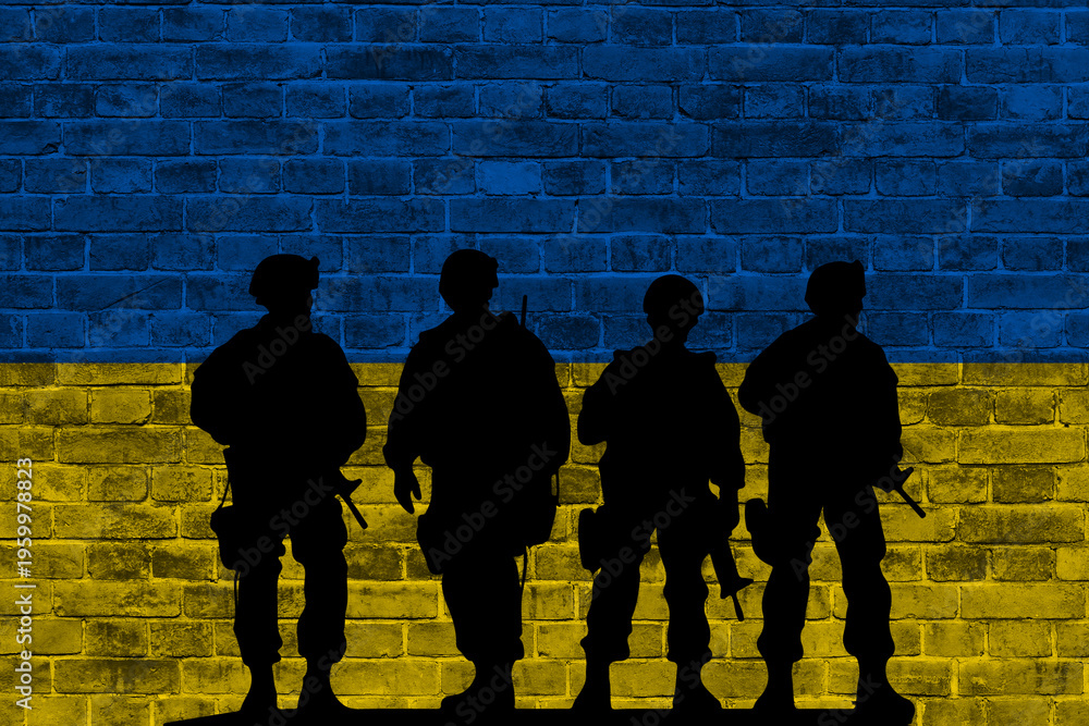 Naklejka premium Conceptual image of war between Russia and Ukraine with shadow of soldier against wall with national flag background