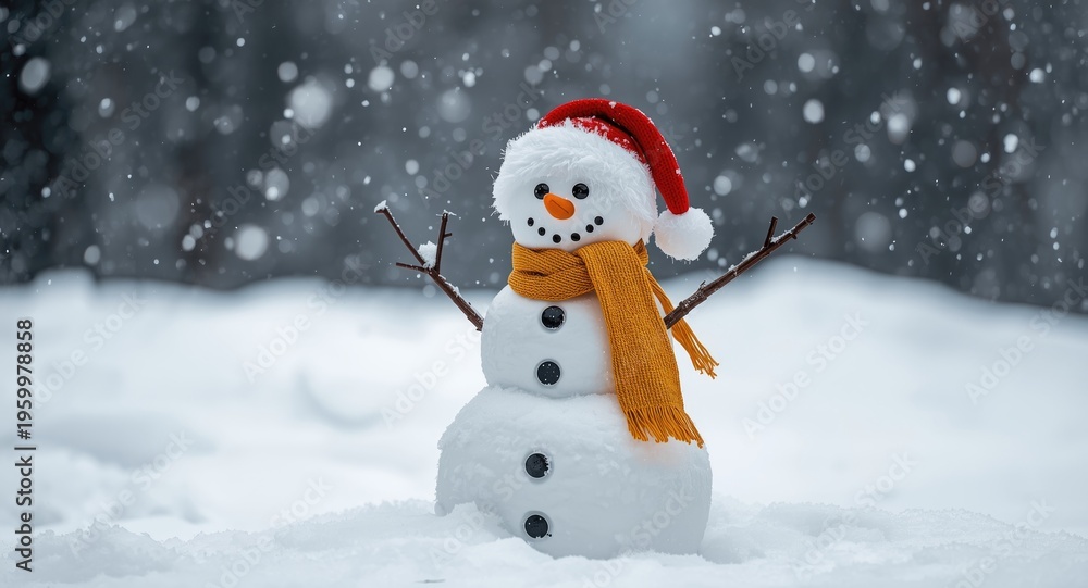 Fototapeta premium Delightful snowman dressed in bright holiday attire with golden scarf in snow