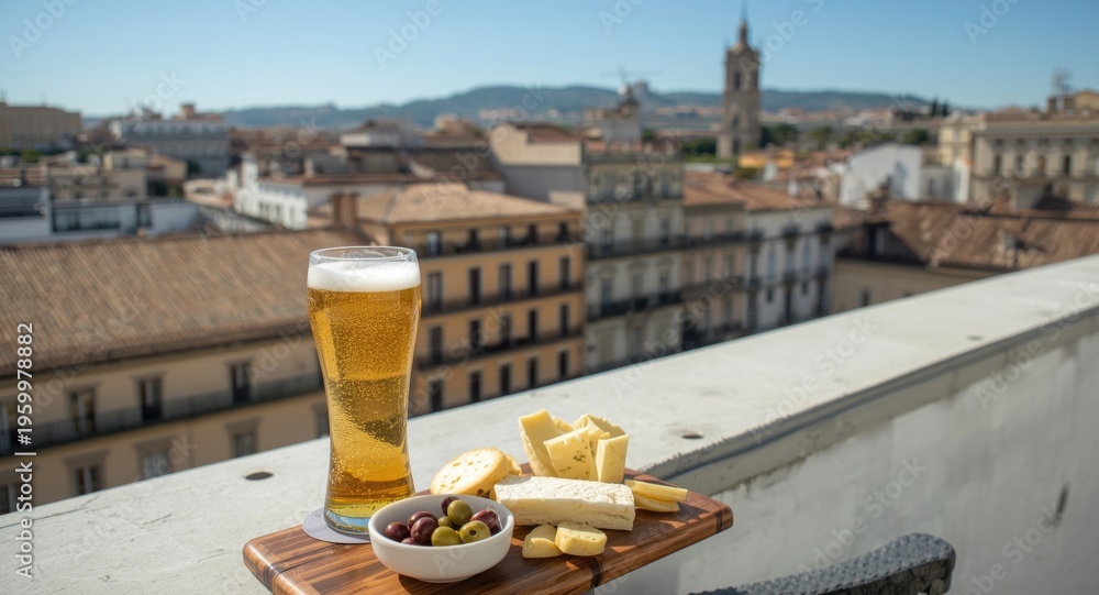 Obraz premium Pleasant summer day on rooftop terrace with Spanish beer cheese olives and tapas and views of old city