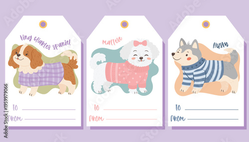 Cute kids birthday party invitation cards set with playful dogs in adorable outfits