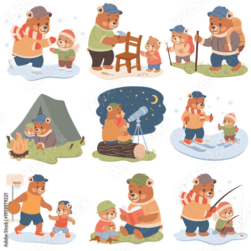 Cute illustrations set for Fathers Day Holiday. Father and son spending time together.