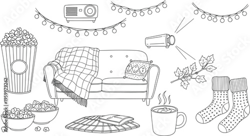 Cozy Movie Night Icon Set Featuring Projector, Popcorn, Blankets, Coffee, and Comfy Sofa for Home Theater and Relaxation Designs