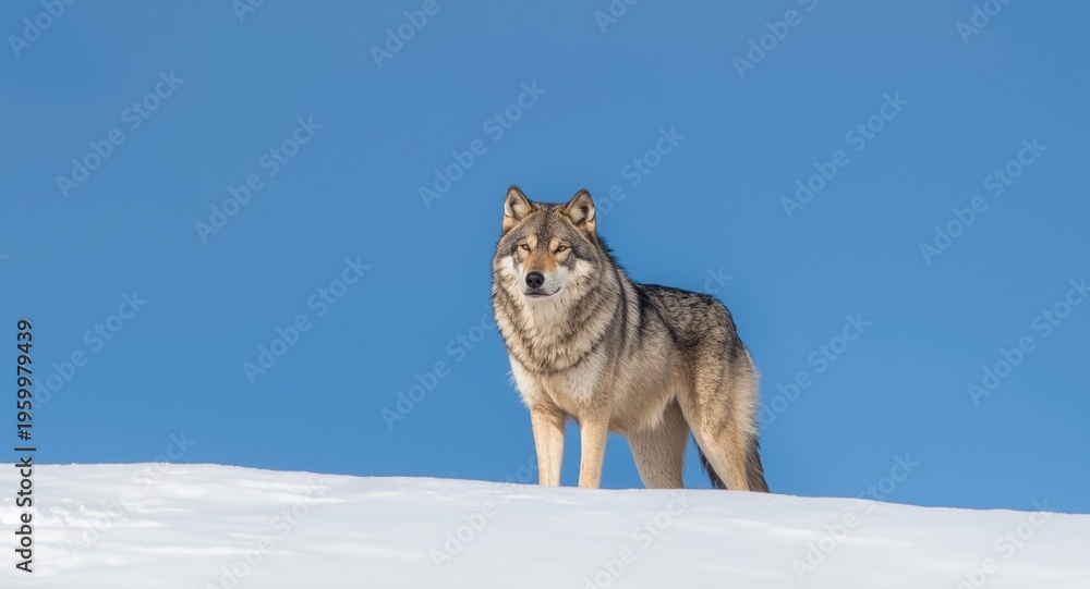 Obraz premium Grey wolf captured in snowy landscape with blue sky