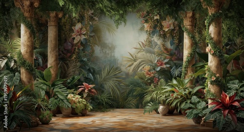 Large scale painting wallpaper with floral backdrop featuring tropical and exotic plants wrapped around columns
