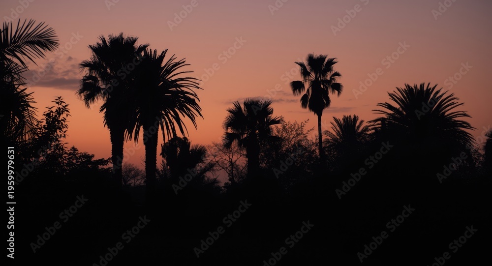Obraz premium Silhouettes of palms at twilight with a subtle retro photographic tone