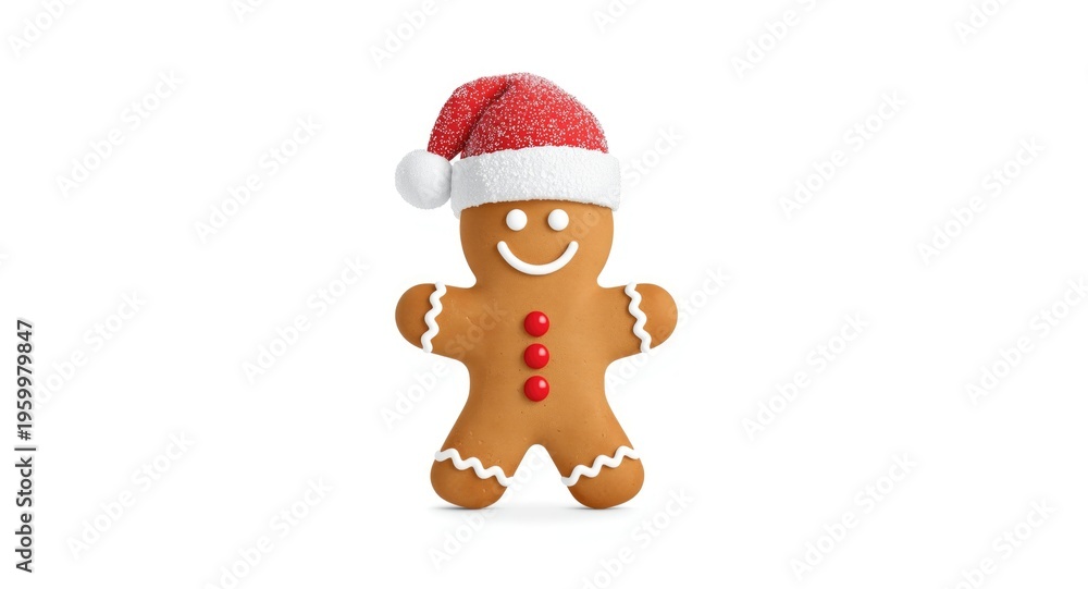 Obraz premium Cheerful 3D gingerbread boy with sugary frosting and red Santa hat on white