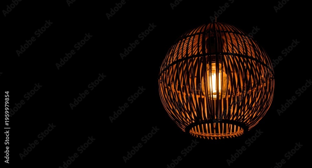 Obraz premium Dark interior background with a glowing wicker lamp chandelier highlighting woven rattan detail