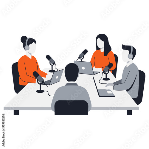 Group of four people recording podcast around large table with microphones and laptops