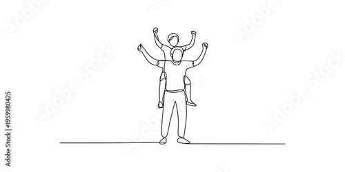 Continuous line drawing of a happy father carrying his child on his shoulders with arms raised