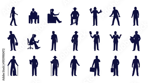 Collection of various blue human silhouettes in different poses