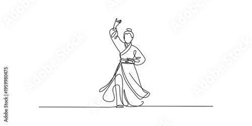 Single continuous line drawing of a person in traditional chinese clothing performing martial arts