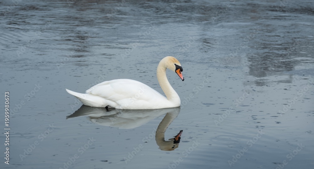 Fototapeta premium Quiet swan resting on a reflective icy lake in cool winter