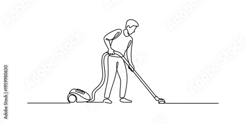 Continuous line drawing of a man cleaning the floor with a vacuum cleaner machine at home.
