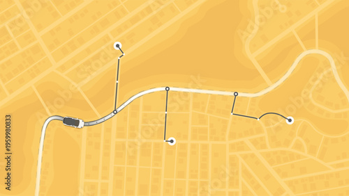 Yellow minimalist city map displaying vehicle driving along a delivery route. Vector illustration.