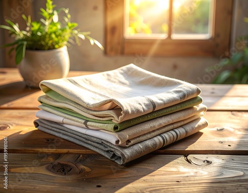 Folded Reusable Cloth Napkins Stacked Neatly on Rustic Wooden Table in Soft Morning Light