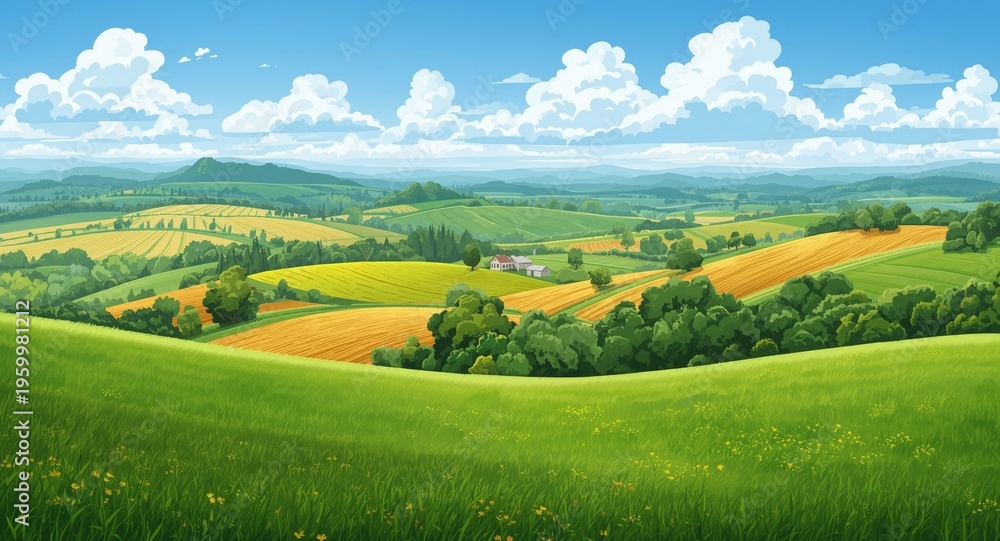 Naklejka premium Friendly cartoon depiction of rolling hills and vast fields creating a rural idyll
