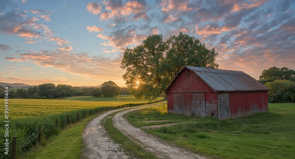 Fototapeta premium Tranquil rural view showing a vintage red barn surrounded by verdant fields and tall trees beneath a colorful dawn sky