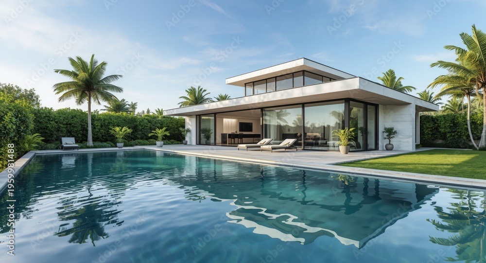 Fototapeta premium Modern house design in 3D with a peaceful pool creating water reflections